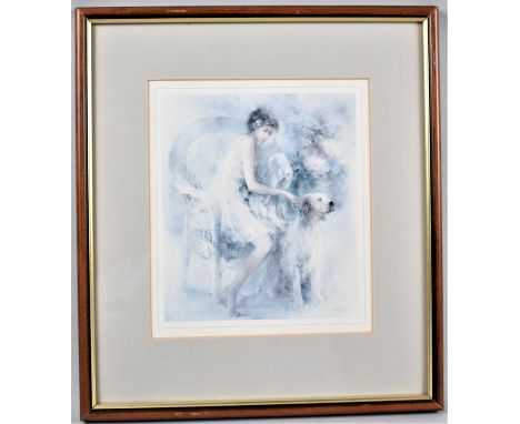 A Framed Print of Seated Maiden with Dog, 16x18.5cm 