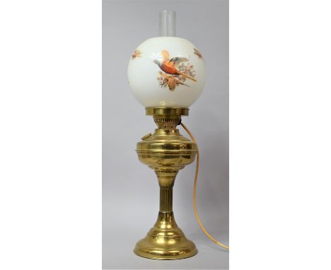 A Mid 20th Century Brass Table Lamp in the Form of an Oil Lamp with Opaque Glass Shade Decorated with Pheasants 