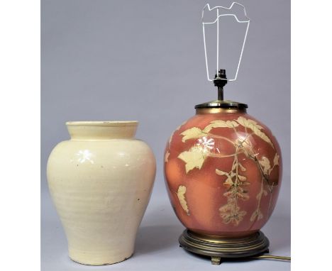 A Modern Vase Shaped Ceramic Table Lamp with Foliate Decoration Together with a Glazed Vase, Table Lamp 57cm Overall 