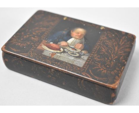 A 19th Century Lacquered Rectangular Snuff Box, the Hinged Lid Decorated with Gent Taking Supper, 9cm Wide 