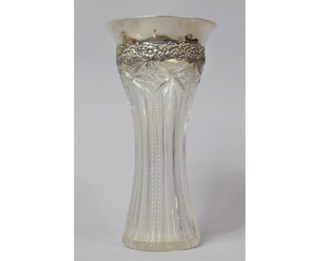 An American Tiffany Sterling Silver Mounted Cut Glass Vase of Waisted Design with Fluted Sections and Diamond Star Cut Border