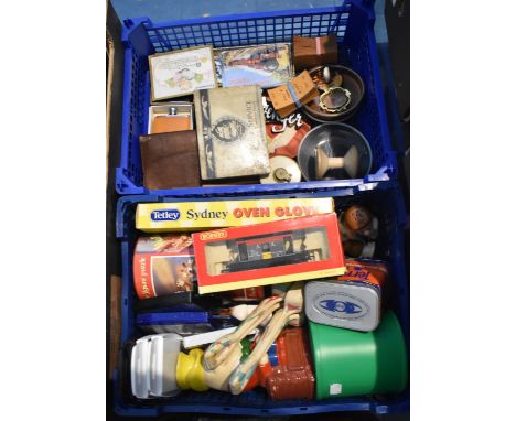 A Collection of Sundries to Include Small Hip Flask, Vintage Tins, Hornby OO Gauge Goods Wagon, Wallace and Gromit Jigsaw, Te