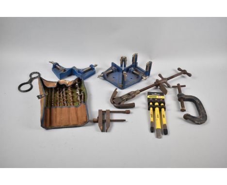 A Box Containing Various Vintage Tools, Clamps, Drills etc 