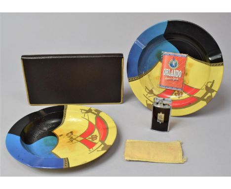 A Small American Ladies Lighter, Leather Cigarette Case and Two Enamelled Ashtrays 