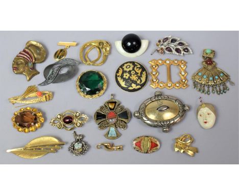 A Collection of Vintage Jewelled Brooches, to Include Bronze African Bust, Damascene Example etc 