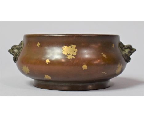 A Heavy Chinese Bronze Censer of Squat Form Having Double Lion Mask Handles, Six Character Mark to Base, 11cm Diameter 6cm hi