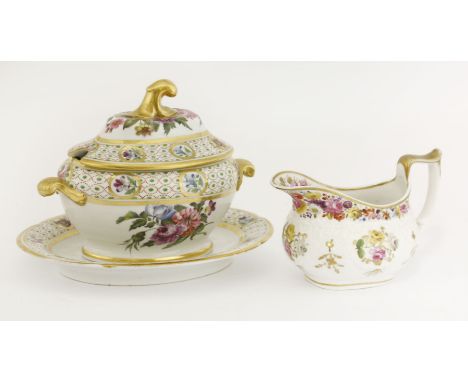 A Spode-style Sauce Tureen, Cover and Stand,early 19th century, painted with floral sprays within a cellular and green dot bo