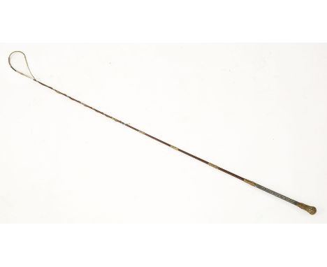 A coaching whip,by Callow, the leather covered shaft with gilded embossed metal mounts and woven blue and white braid handle 
