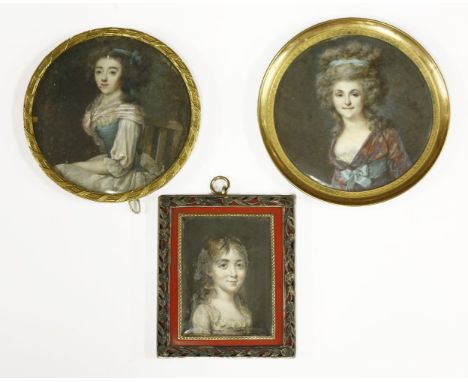 A portrait miniature (French, 19th century),a young girl in a fret cut and engraved silver gilt frame,6.5 x 5.5cm, andtwo fur