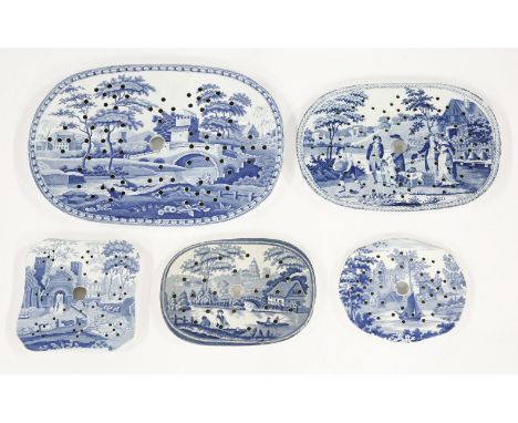 Five pottery Drainers,a Spode bridge view with pigeons, impressed 'Spode' and '13',37.5cm,a 'Beemaster' pattern, impressed '1