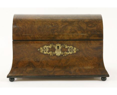 A walnut domed top tea caddy,19th century, probably Continental, with two domed top compartments,28.5cm wide18.5cm high