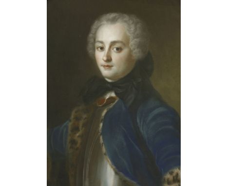 Circle of Maurice Quentin de la Tour (French, 1704-1788)PORTRAIT OF MONSIEUR CAILLOUX, HALF LENGTH, IN A BLUE FUR-TRIMMED COA