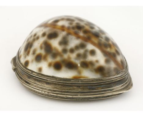 A silver-mounted cowrie shell snuff box,late 18th/early 19th century, unmarked,the silver-mounted tortoiseshell cover applied