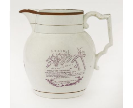 A commemorative Admiral Lord Nelson pottery Jug,early 19th century, painted in lilac with a portrait of Admiral Lord Nelson t