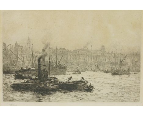 William Lionel Wyllie RA RWS (1851-1931)'SHIPPING ON THE THAMES, THE CUSTOM HOUSE BEYOND'Etching, published 1927 by R Dunthor