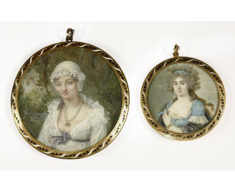 A portrait miniature of a lady in a cloth cap (French, 19th century),in a yellow metal and enamel frame, tests 14ct,8cm diame