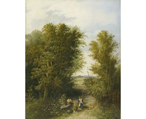 E R Barnes (19th century)FISHING BY THE STREAMSigned and dated 1864 l.r., oil on panel32.5 x 26cm