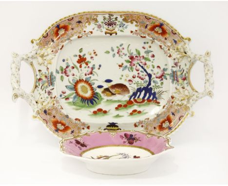 A Chamberlain's Worcester two-handled Dish,early 19th century, painted with two quails and flowers within a floral and diaper