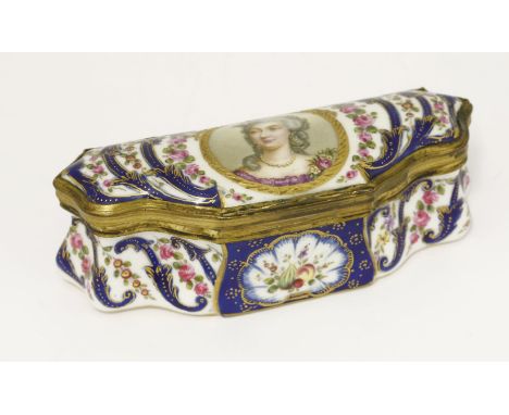 A Sèvres-style dressing table box,19th/20th century, the hinged cover with a gilt reserved portrait of a lady, over a serpent