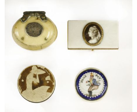 Four ivory boxes,one of tall waisted shape, the hinged cover with a white metal plaque engraved with initials 'JB' and an ind