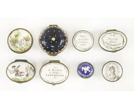 Eight enamel boxes,19th century, comprising:three patch boxes, 'A Trifle from Northampton', 'A Present from Lancaster' and cu