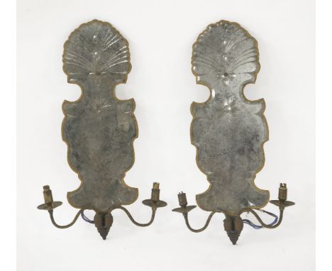 A pair of wall lights, of early 18th century style, with engraved and silvered glass with twin light fittings, 62cm high (2)L