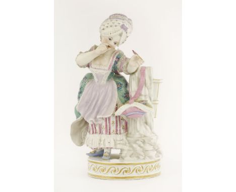 A Meissen Figure,a lady standing beside a column, holding an arrow, after the original by Acier, incised 'F32',15.5cm high