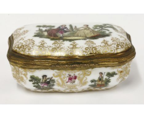 A porcelain Patch Box,late 19th century, of shaped form, painted with figural panels and gilt scrolling, the interior with fi