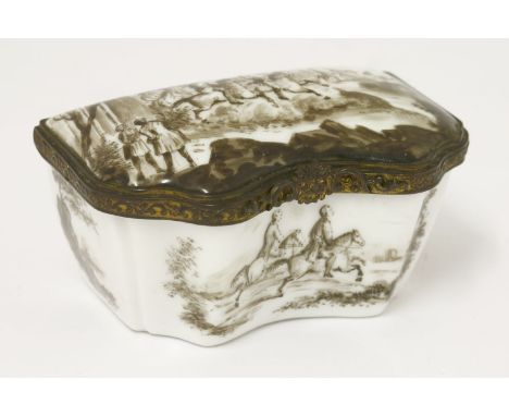 A German porcelain gilt metal-mounted Snuff Box,by Eckert & Co., painted in sepia with hunting scenes, underglaze blue cross 