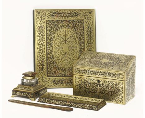 A boulle five-piece desk set,c.1900, comprising: blotter, stationery box, inkwell, pen tray and letter opener, the inkwell an