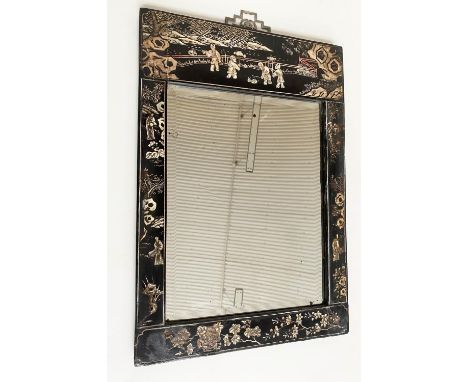 JAPANESE WALL MIRROR, 19th century Japanese lacquered and silvered gilt decorated rectangular frame with original bevelled mi