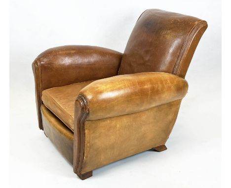 CLUB ARMCHAIR, 91cm H x 88cm W, Art Deco, tan leather. 