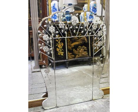 WALL MIRROR, 112cm H x 79cm W, circa 1930, Venetian fan shaped with floral etched decoration. 