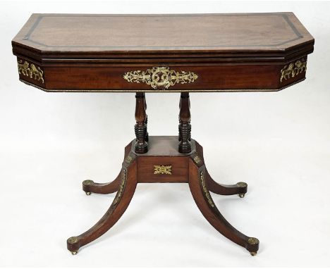 CARD TABLE, 91cm W x 73cm H x 45cm D regency mahogany, ebonised banded and brass mounted with a swivel foldover top enclosing