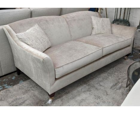 BESPOKE SOFA LONDON SOFA, light grey velvet upholstered with two cushions in differing fabrics, 20cm x 100cm x 85cm. 