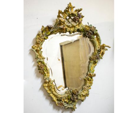 WALL MIRROR, 95cm H x 69cm, 19th century polychrome gesso of cartouche outline. 