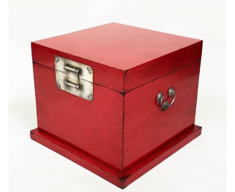 TRUNK, early 20th century Chinese scarlet lacquer and silvered metal mounted with plinth and carrying handles, 55cm x 55cm x 