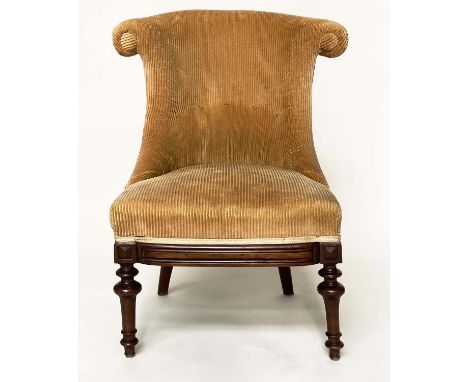 NURSING CHAIR, Victorian walnut and buttoned light brown corduroy upholstery and turned front supports, 55cm W. 