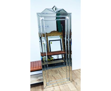 PIER MIRROR, 153cm H x 63cm, Art Deco style silvered wood with bevelled plates. 