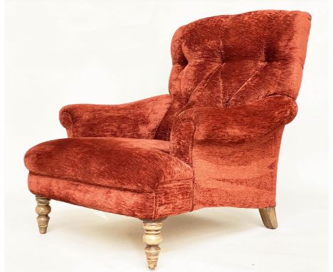 HOWARD STYLE ARMCHAIR, deep button back with chenille velvet upholstery scroll arms, and turned front supports. 