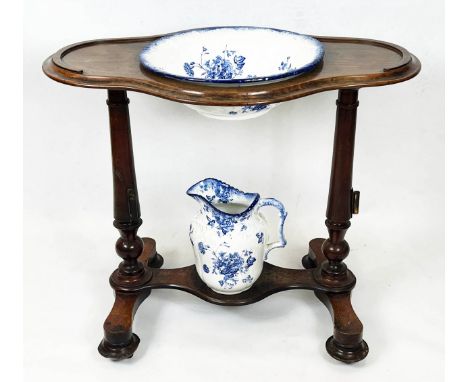 WASHSTAND, Victorian mahogany with blue and white ceramic jug and basin, 77cm H x 89cm x 54cm. 