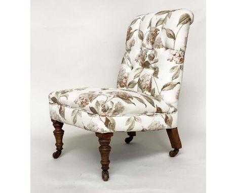 NURSING CHAIR, Victorian mahogany with button floral printed cotton upholstery and turned supports, 50cm w. 