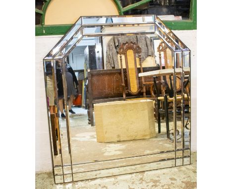 WALL MIRROR, 112cm H x 102cm, 20th century patinated brass with canted bevelled plate border. 