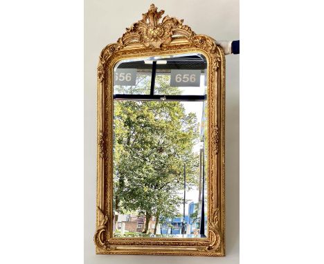 OVERMANTEL MIRROR, French style gilded with arched bevelled mirror plate and foliate crest and frame, 160cm H x 86cm. 