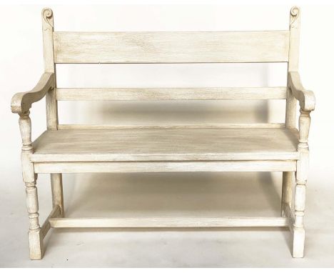 HALL BENCH, English Vintage traditionally grey painted with scroll uprights and bench seat, 118cm W. 