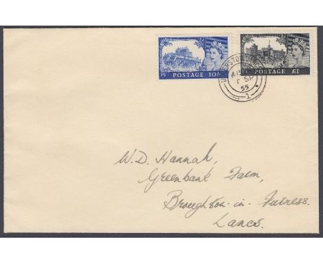 STAMPS FIRST DAY COVERS : 1955 10/- and £1 Castles on single plain hand addressed cover 1st Sept 1955