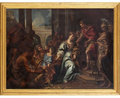ROMAN SCHOOL, FIRST HALF OF THE 18th CENTURYSalomon and the queen of SabaOil on canvas, cm. 109x143. Framed