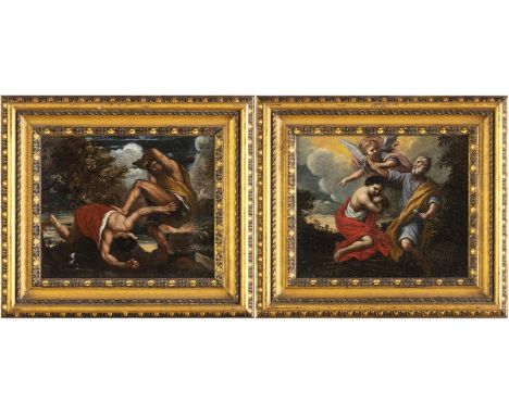 ROMAN SCHOOL, FIRST HALF 18th CENTURYCain and Abel - Binding of Isaac. Couple of paintingsOil on canvas, cm. 20,5x24,5. Frame