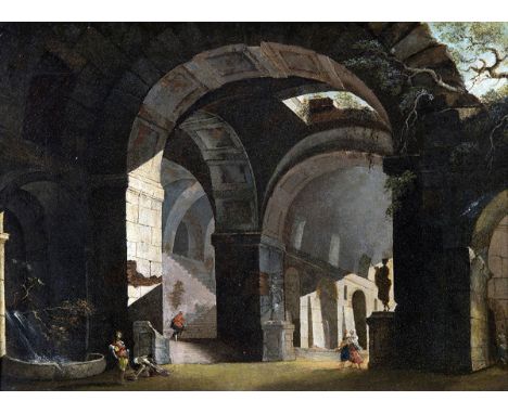 ROMAN SCHOOL, FIRST HALF OF THE 18th CENTURYArchitectural capriccio with monumental fountain and figuresOil on canvas, cm. 29