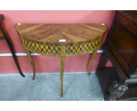 A small 19th Century Italian walnut and rosewood inlaid demi-lune console table 